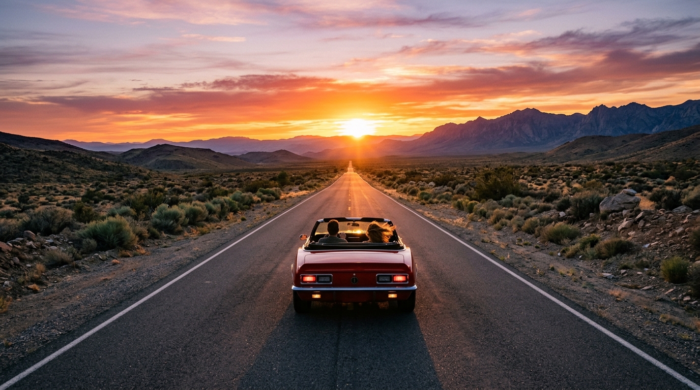 Classic car on an open desert road at sunset